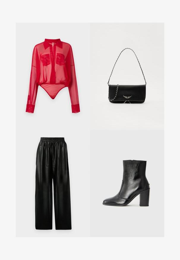 Rdeča prosojna bodysuit z dolgimi rokavi, s koničastim ovratnikom, globokim V-izrezom, dvema žepoma na prsih in elastičnim dnom, ki ustvarja prilegajočo silhueto.; Črne usnjene hlače širokega kroja z elastičnim pasom, ki imajo dve stranski žepi in gladko, sijočo teksturo.; Črne usnjene gležnarske čevlje z gladko teksturo, koničastim nosom in debelim visokim petam. Imajo stransko odprtino in minimalističen dizajn.; Črna usnjena torbica s srebrnim verižnim ročajem, ki ima okrasne krilate poudarke in belo šivanje ob spodnjem šivu.
