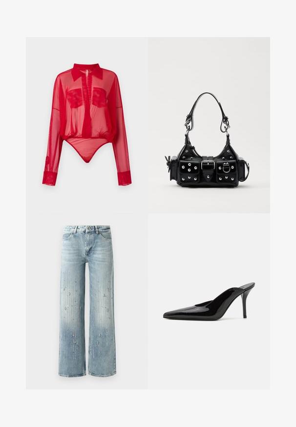 Red sheer long-sleeve bodysuit with a pointed collar, deep V-neck, two chest pockets, and elasticized bottom that creates a fitted silhouette.; Light blue wide-leg jeans made of denim, featuring a gradient color effect and embellishments of silver rhinestones in a vertical pattern.; Black patent leather high-heeled mule with a pointed toe and a sleek silhouette, featuring an open back and a slender stiletto heel.; Black leather handbag with a curved design, featuring silver studs, a buckle, and two side pockets. Adjustable strap for carrying options.