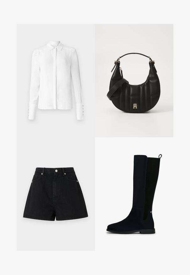 Bluză albă cu mâneci lungi, guler clasic, închidere cu nasture și detalii cu cinci nasturi la manșete; material neted și croială ajustată.; Shorts din denim negru cu talie înaltă, cinci buzunare, accesorii argintii și o croială standard, cu o textură netedă și finisaje curate.; Cizme înalte din suede negru, cu panou din elastic ribat în spate, maner de tragere, toc mic și un logo rectangular mic lângă gleznă, pe un fundal alb.; Geantă de mână din piele neagră, cu o formă curbată, textură matlasată și accesorii aurii. Dispune de o curea pentru umăr detașabilă și detalii cu logo.