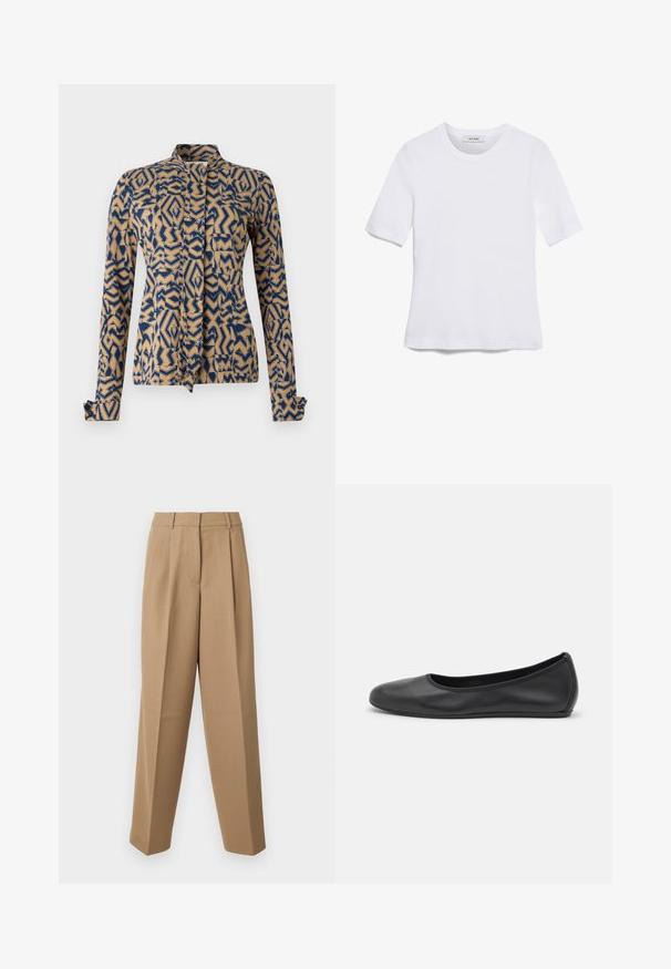 Vzorovaný kabát v námorníckej modrej a béžovej farbe so geometrickými dizajnmi. Dlhé rukávy s manžetami na gombíky, mandarínsky golier a predné viazanie na uzol.; Biela krátka tričko s krátkymi rukávmi vyrobené z rebrovanej látky. Klasický okrúhly výstrih, bežný strih a jemné švy. Bez vzorov alebo grafiky.; Krémové upravené nohavice s vysokým pásom, skladaným predkom a širokým strihom. Tkanina sa zdá byť hladká s jemným leskom.; Čierne kožené baleríny s okrúhlou špičkou, hladkým povrchom, minimálnym prešívaním a flexibilným dizajnom podrážky.