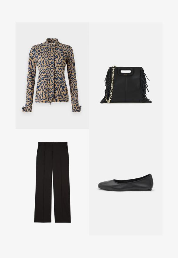 Gemusterte Jacke in Marineblau und Beige mit geometrischen Designs. Lange Ärmel mit Knopfmanschetten, Mandarin-Kragen und vorderer Bindeschließe.; Schwarze, maßgeschneiderte Hosen aus einem glatten Stoff, mit geradem Bein und zwei Seitentaschen. Elegante und minimalistische Konstruktion.; Schwarze Leder-Ballettschuhe mit abgerundeter Spitze, glatter Textur, minimalen Nähdetails und einem flexiblen Sohlen-Design.; Schwarze Lederhandtasche mit Fransen-Details, goldener Ketten-Schulterriemen und einem ausgeschnittenen Griff. Mit Logoplatzierung auf der Vorderseite.