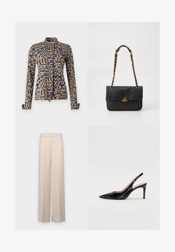 Patterned jacket in navy blue and beige, featuring geometric designs. Long sleeves with buttoned cuffs, mandarin collar, and front tie closure.; Beige wide-leg pants in a smooth fabric, featuring a high waist and subtle front pleats. No pockets or visible hardware details.; Black patent leather slingback pump with pointed toe, slim heel, and a subtle cutout design. Features a gold buckle on the strap.; Black leather handbag with a fold-over flap, gold-tone chain strap, and logo hardware detail on the front. Smooth texture.