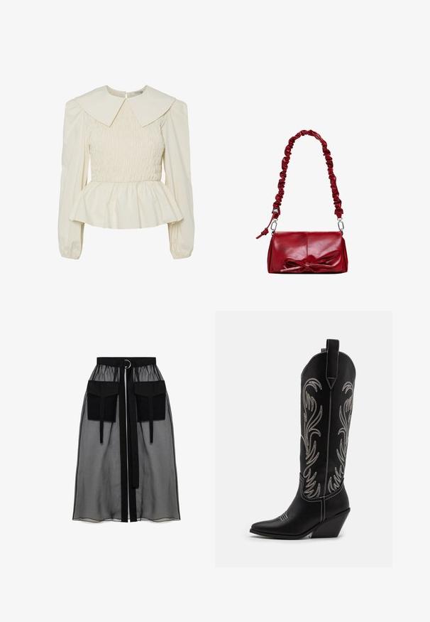 Blusa color crema con un grande colletto piatto, corpo smockato e maniche a sbuffo. Presenta una linea a peplum e chiusura sul retro. Realizzata in tessuto leggero.; Gonna nera trasparente con una vita arricciata, dotata di due ampie tasche frontali, un laccetto in vita e un ornamento metallico circolare.; Stivali da cowboy in pelle nera con punte affusolate, tacchi a zoccolo e motivi floreali ricamati in argento lungo il gambale. Cuciture a contrasto in tutto lo stivale.; Borsa a tracolla in pelle rossa con una tracolla arricciata e un fiocco decorativo sul davanti. Texture liscia, forma rettangolare, dettagli in metallo argentato.