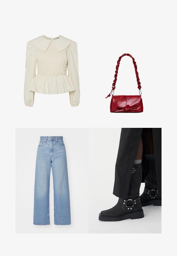 Cream-colored blouse with a large flat collar, smocked bodice, and puff sleeves. Features a peplum hem and back closure. Made from lightweight fabric.; Light blue high-waist wide-leg jeans with front button and zip closure, front and back pockets, on a white background.; Black ankle boots made of leather with a matte finish, a square toe, and decorative buckles. The sole is chunky and textured.; Red leather handbag with a gathered strap and a decorative bow on the front. Smooth texture, rectangular shape, silver hardware accents.; Gold-tone metal earrings featuring a curved, half-moon shape and a rectangular shape, both with smooth, polished surfaces.