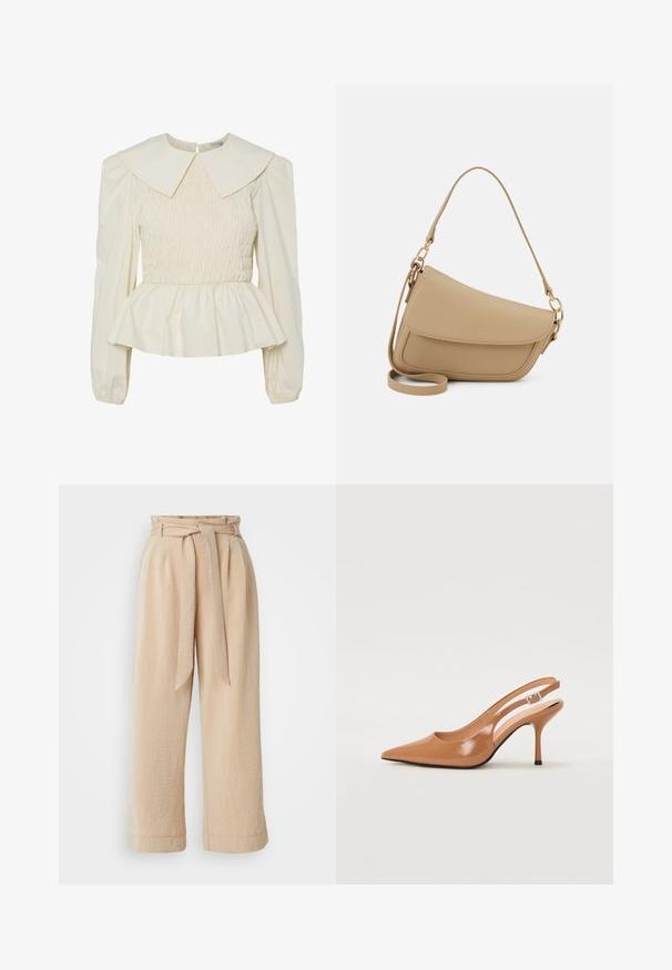 Blouse de couleur crème avec un large col plat, un corps smocké et des manches bouffantes. Dotée d'un ourlet peplum et d'une fermeture au dos. Fabriquée en tissu léger.; Pantalons beige à jambe large avec une taille ceinturée, fabriqués en tissu texturé. Présente un pli avant et une finition lisse le long de l'ourlet.; Escarpin à talon slingback à bout pointu en matériau beige lisse et brillant. Présente un design de découpes courbées et un talon aiguille fin. Détail de boucle en argent.; Even&Odd Sac à main - beige