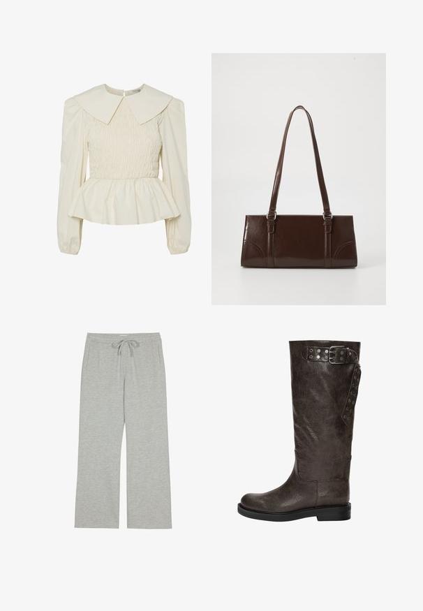 Crème-kleurige blouse met een grote platte kraag, geplooid lijfje en pofmouwen. Beschikt over een peplum-zoom en sluiting aan de achterkant. Gemaakt van lichte stof.; Lichtgrijze sweatpants gemaakt van zacht, textuurstof met een trekkoord in de taille en zijzakken; brede, ontspannen pasvorm.; Bruine leren laars tot de knie met een gestructureerde afwerking, voorzien van een gespsluiting en drukknoopaccenten aan de zijkant, en een vlakke rubberen zool.; Bruine lakleren handtas met een rechthoekige vorm, twee lange handvatten en subtiele gebogen accenten aan de voorkant.