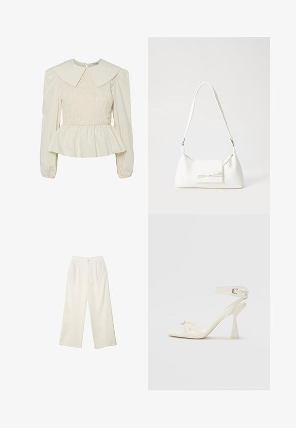 Bluzica v kremni barvi z velikim ravnim ovratnikom, nabranim zgornjim delom in privihanimi rokavi. Ima peplum rob in zadrgo na hrbtu. Narejena je iz lahkotnega materiala.; Hlače širokih nogavic iz kremaste tkanine z gladko teksturo, z enim sprednjim gumbom, diskretnimi plisami in visokim pasom.; Sandal z visoko peto z naramnicami v beli usnjeni izvedbi s popolnim dizajnom, prozorno blok peto in dekorativnim elementom na prstih.; Bela sintetična torbica v obliki trikotnika, z ravnim sprednjim poklopcem in detajlom mašne, nastavljivim trakom, gladko teksturo in minimalističnim dizajnom.