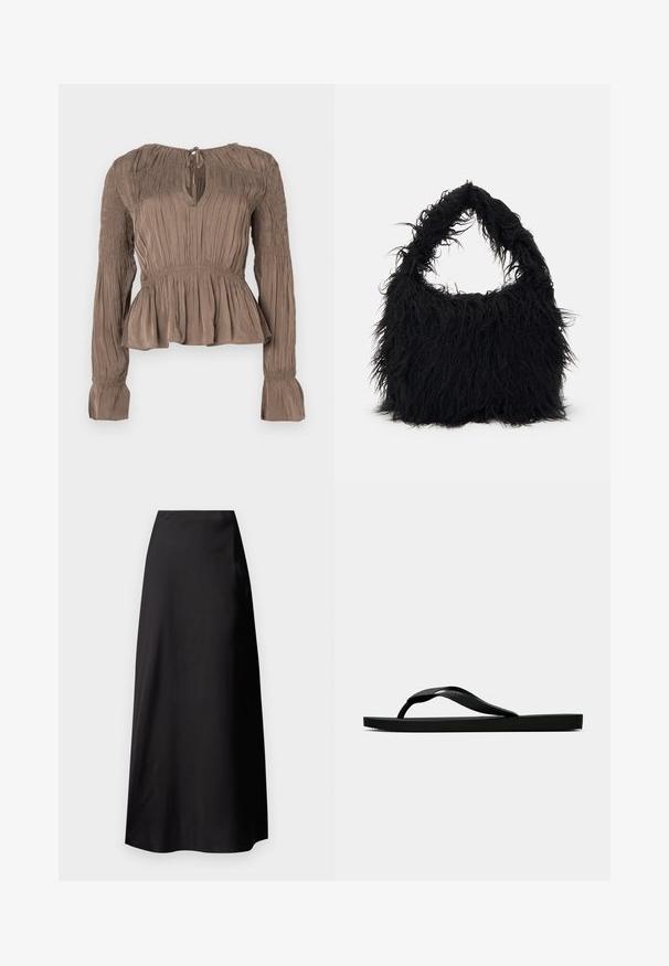 Brun peplum-top med lange ærmer, smockdetaljer på skuldre og manchetter, nøglehulshalsudskæring og tekstureret stof.; Sort satin maxi nederdel med en glat tekstur, høj talje, flydende silhuet og uden synlige mønstre eller hardware-detaljer.; Sorte gummiflip-flopsandaler med en tekstureret rem og simpel flad sål, vist fra siden på en lys ensfarvet baggrund.; Even&Odd Shopping bags - black