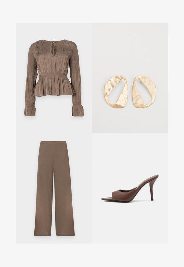 Braunes Peplum-Oberteil mit langen Ärmeln, gerafften Details an Schultern und Bündchen, Schlüsselloch-Ausschnitt und strukturiertem Stoff.; Braune Hosen mit weitem Bein, flachem Bund, ohne sichtbare Taschen oder Verschlüsse, auf weißem Hintergrund dargestellt.; Braune Leder-Open-Toe-Hochhackige Mules mit einem eleganten Design, das einen breiten Vorderriemen und einen schlanken Stiletto-Absatz aufweist.; Ein Paar unregelmäßige, oval geformte Ohrringe aus goldfarbenem Metall mit einer strukturierten, leicht gehämmerten Oberfläche auf weißem Hintergrund.