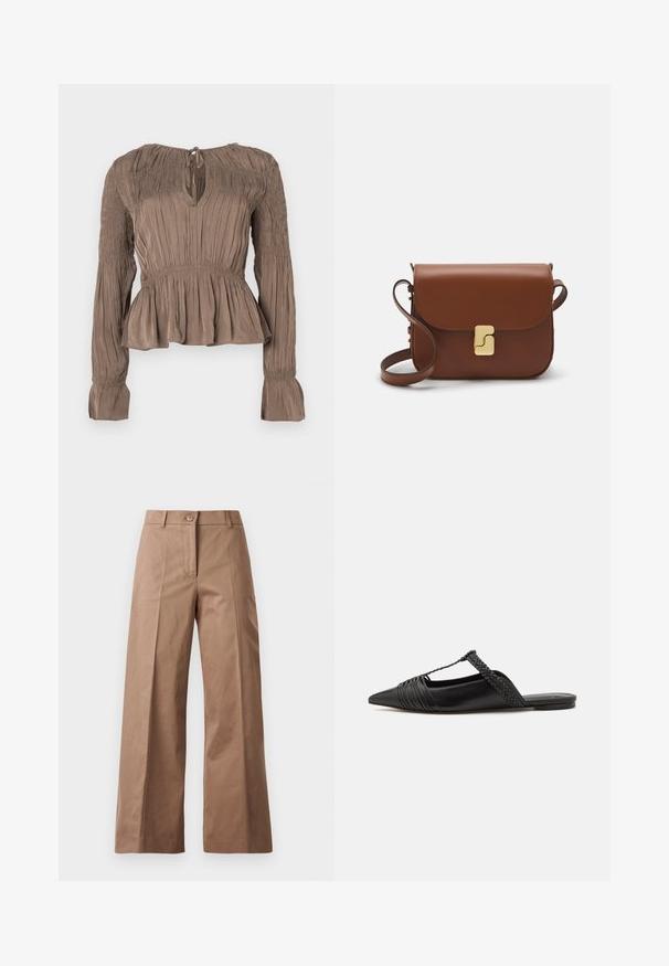 Braunes Peplum-Oberteil mit langen Ärmeln, gerafften Details an Schultern und Bündchen, Schlüsselloch-Ausschnitt und strukturiertem Stoff.; Braune weite Hose aus einem glatten Stoff, mit einem Knopfverschluss vorne, zwei Fronttaschen und klaren, maßgeschneiderten Linien.; Schwarzer Leder-Slingback-Schuh mit spitzem Zehenbereich, ausgestattet mit einem geflochtenen Akzent und einem gefalteten Oberdesign. Flache Sohle mit minimalem Zubehör.; Braune Ledertasche mit Klappenverschluss, Beschlägen in Goldfarbe, einem Schultergurt und einer glatten Oberfläche. Kompakte rechteckige Form.