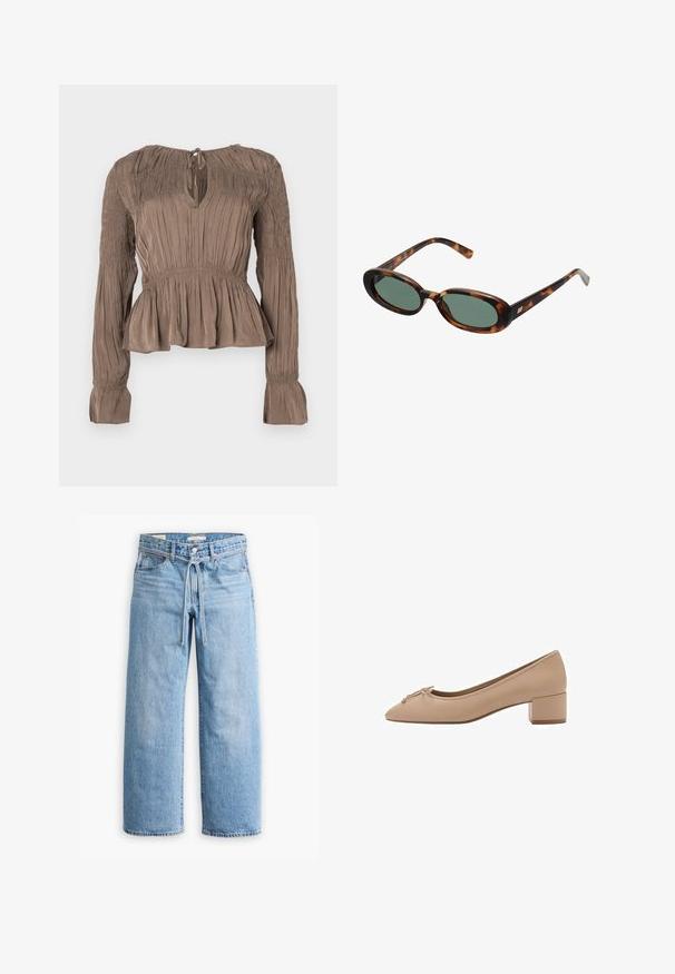 Top peplum marrone con maniche lunghe, dettagli arricciati su spalle e polsini, scollo a goccia e tessuto strutturato.; Jeans in denim azzurro chiaro a gamba larga con vita alta, chiusura con bottone e zip, e dettaglio con cordoncino in vita. Orlo grezzo.; Décolleté beige in pelle con punta affusolata, piccolo fiocco sulla parte anteriore e tacco quadrato basso. Texture liscia con cuciture minime.; Occhiali da sole tartarugati con montatura ovale e lenti verdi. Presentano aste sottili con un accento metallico vicino alle cerniere.