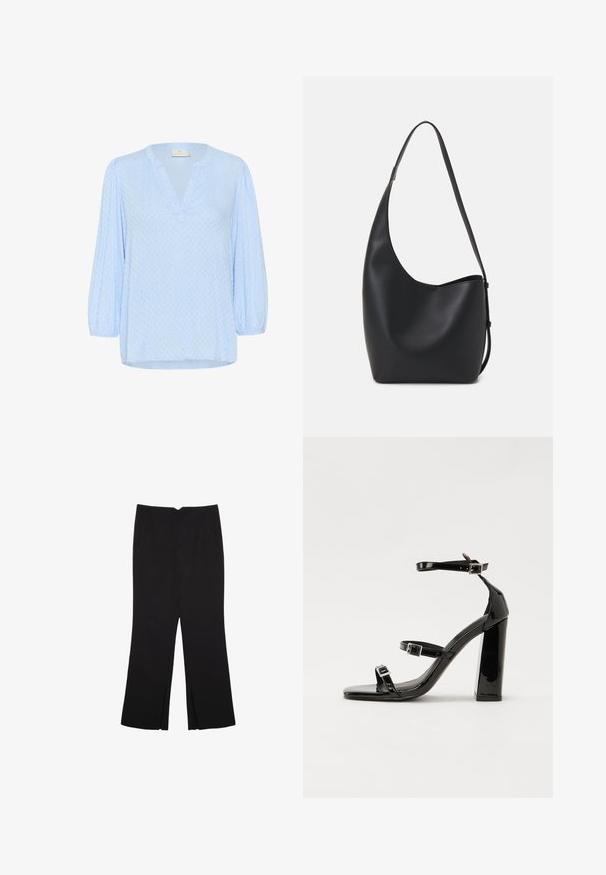 Blouse bleu clair avec un col en V et des manches bouffantes trois quarts. Tissu texturé avec un motif subtil. L'ourlet est légèrement incurvé.; Pantalon noir avec une coupe droite, doté de poches avant et d'éclairs sur l'ourlet. Fabriqué en tissu doux et lisse. Convient à diverses occasions.; Sandales à talons vernies noires avec un bout carré, des sangles autour de la cheville et des boucles en argent. Dotées d'un talon bloc épais pour plus de stabilité.; Sac hobo en cuir noir avec une texture lisse, une forme incurvée et une seule sangle réglable ; dispose d'une large ouverture en haut.