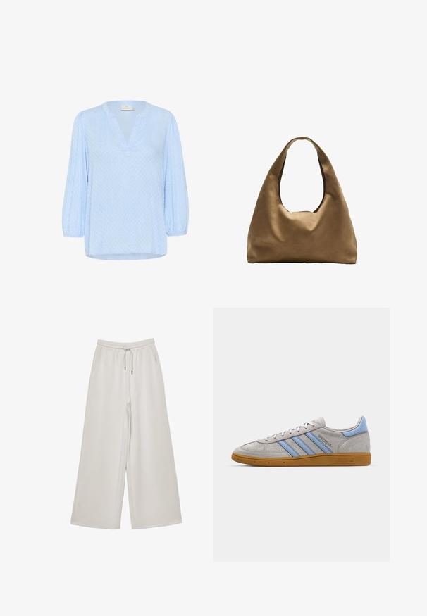 Light blue blouse with a V-neck and three-quarter puff sleeves. Textured fabric with a subtle pattern. Hem is slightly curved.; Light gray wide-leg trousers made of soft fabric with an elastic waistband, adjustable drawstring, and side pockets. Smooth texture throughout.; Grey suede sneaker featuring light blue stripes, rubber gum sole, and logo accents. Low-top design with round toe and lace-up closure.; Brown fabric shoulder bag with a wide, rounded body and a large cutout handle. Soft texture, minimalistic design, and no visible hardware.