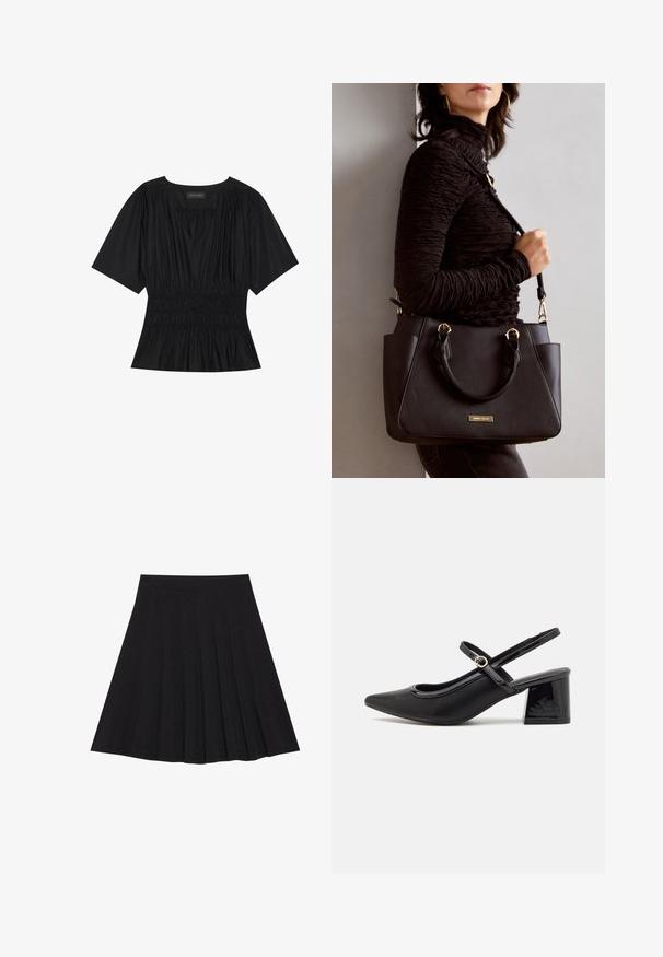Blusa nera a maniche corte con scollo a V, arricciatura in vita e orlo fluido. Tessuto liscio con leggera lucentezza.; Gonna nera plissettata realizzata in tessuto strutturato con una vita aderente. Cade all'altezza del ginocchio, presentando una silhouette liscia e pulita.; Décolleté in vernice nera con cinturino dietro, punta affusolata, design con ritagli arrotondati e tacco a blocco. Presenta un accento di fibbia tono oro.; Borsa nera con superficie texturizzata, manici superiori doppi e tracolla regolabile. Dotata di hardware color oro e tasche laterali.