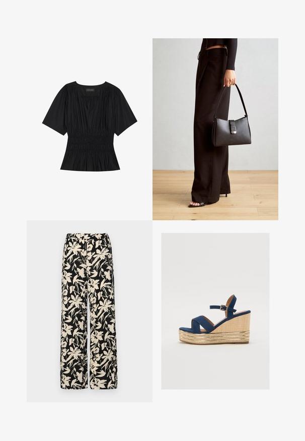 Black, short-sleeved blouse with a V-neck, gathered smocking at the waist, and a flowing hem. Smooth fabric with subtle sheen.; Black wide-leg pants with a cream floral pattern. Made of lightweight fabric, featuring a smooth texture and a high waistband.; Navy blue wedge sandal with crossed straps, a textured natural fiber platform, and a gold metallic accent on the base.; Black handbag with structured shape, smooth texture, and a metallic clasp. Paired with wide black pants and open-toe sandals on wooden floor.