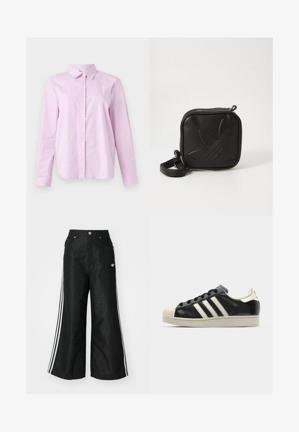 Long-sleeve button-up shirt in light pink with vertical stripes in darker pink and light blue. Features a classic collar and tailored fit.; Black wide-leg denim pants with three white stripe accents on each side and a small white logo. Features front pockets and a button closure.; Black leather sneaker with white stripes, rubber toe cap, black laces, and a cream-colored outsole. Smooth texture with shiny finish.; Black square crossbody bag made of textured synthetic material. Features an embossed logo design and adjustable strap. Zipper closure.