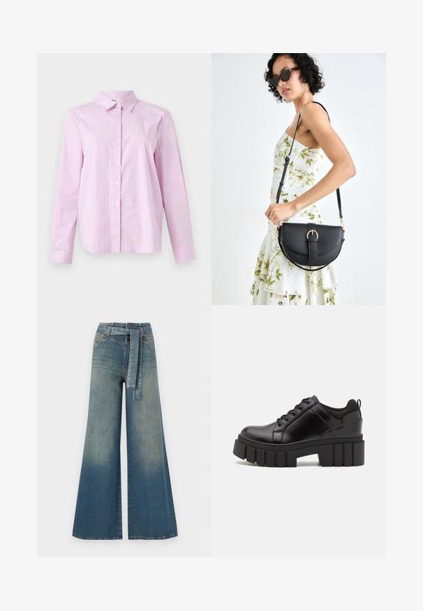 Dlhý rukáv, košeľa na gombíky vo svetloružovej farbe s vertikálnymi pruhmi v tmavšej ružovej a svetlomodrej. Má klasický golier a prispôsobený strih.; Džínsy s širokými nohavicami, ktoré majú prechod od svetlomodrej po tmavomodrú, vysoký pás, pútka na opasok a opasok z rovnakého materiálu. Textúrovaný denimový povrch.; Čierne kožené platformy s masívnym blokovým podpätkom, okrúhlou špičkou a tradičným šnurovaním. Má hladký povrch a minimálne detaily.; Čierna kožená kabelka s zaobleným tvarom, odnímateľným popruhom a zlatými doplnkami. Kabelka má klopu s detailom s prackou.