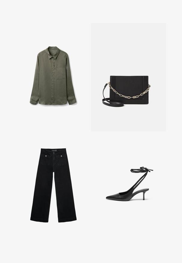 Oliven grøn langærmet skjorte med knapper i letvægtsstof, med spids krave og en enkelt brystlomme. Struktureret finish.; Sorte vidde jeans med høj talje, der har to forlommer og metalknapdetaljer. Stoffet har en glat tekstur.; Sorte læder stiletto sko med spids tå, åben bag, og ankelstropper bundet i en sløjfe. Slank 3-tommers hæl. Glat overflade, minimalistisk design.; Sort læder crossbody taske med en glat tekstur, rektangulær form og en metallisk kæde detalje foran. Justerbar skulderrem inkluderet.