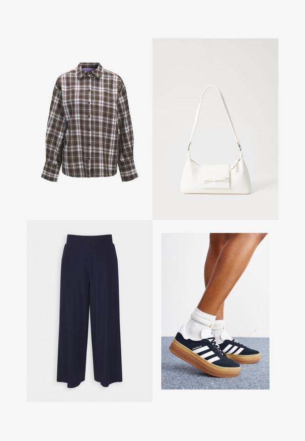 Camisola xadrez castanha e branca com colarinho, mangas longas e fecho de botão. Apresenta um padrão xadrez com diferentes larguras de riscas e texturas.; Calças largas em tecido azul-marinho escuro com uma textura ribada. Apresenta uma cintura suave e uma silhueta fluida, atingindo o comprimento até metade da panturrilha.; Ténis de camurça preta com riscas e detalhes brancos, biqueira arredondada, sola em borracha cor de goma, combinados com meias brancas caneladas até à altura do tornozelo.; Mala sintética branca com formato triangular, aba frontal plana e detalhe de laço, alça ajustável, textura suave e design minimalista.