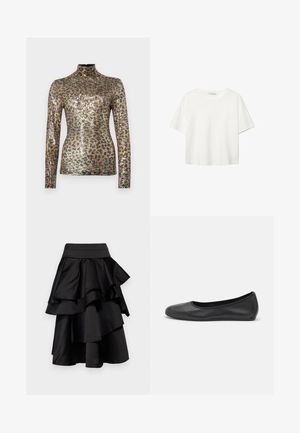 Langærmet turtleneck-top med et metallic guld- og sort palietmønster, ribbet tekstur og fitted design.; Hvid kortærmet t-shirt lavet af bomuld. Har en rund halsudskæring og en afslappet pasform. Glat tekstur uden synlige mønstre eller detaljer.; Sort lagd nederdel med flere volanger. Har en tætsiddende talje og en svajende afslutning, fremstilt i et glat, satinlignende stof.; Sort læderballetsko med rund tå, glat tekstur, minimal syning og et fleksibelt såldesign.