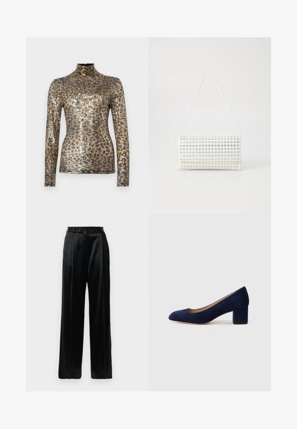 Long-sleeve turtleneck top featuring a metallic gold and black sequin pattern, ribbed texture, and a fitted design.; Black high-waist satin trousers with straight wide legs, belt loops, and a flat front closure against a plain white background.; Navy blue suede pump with a pointed toe and a mid-height block heel. Smooth texture with a subtle sheen and a small cutout at the front.; White handbag with a rounded shape, featuring a textured surface of silver studs. It has a thin shoulder strap and a sleek closure.