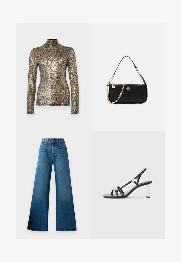 Maglietta a maniche lunghe con collo alto, che presenta un motivo di paillettes metalliche dorate e nere, texture a coste e design aderente.; Jeans a gamba larga in denim blu con vita alta, leggera scoloritura, design classico a cinque tasche e chiusura con bottone sul davanti.; Sandali neri con tacco alto caratterizzati da molteplici cinghie sottili, design slingback e un accento in argento sul tacco. Materiale superiore liscio e tacco quadrato.; Borsa nera con una texture liscia, dotata di una tracolla in catena dorata, chiusura con zip e un'emblema decorativo dorato sul davanti.