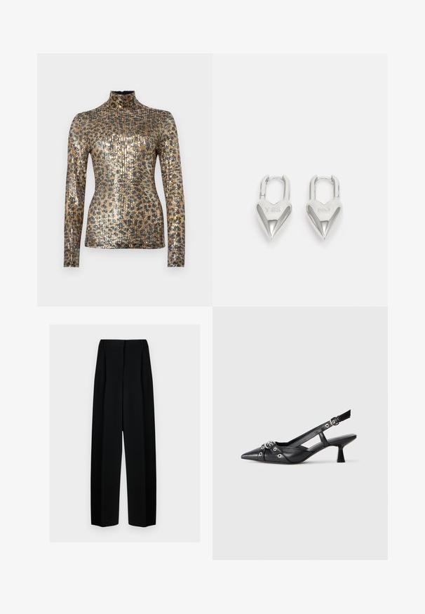 Un haut à manches longues en col montant avec un motif de sequins métalliques dorés et noirs, texture côtelée et design ajusté.; Pantalons noirs à jambes larges avec une taille haute, présentant des plis et une texture lisse. Le tissu semble léger et tombe élégamment.; Chaussure slingback en cuir noir avec un bout pointu, des sangles décoratives avec œillets en métal et un petit talon carré. Surface texturée.; Cadenas en forme de cœur en argent avec les inscriptions gravées "OUI" et "NON", finition polie, design symétrique et un robuste fermoir en métal.