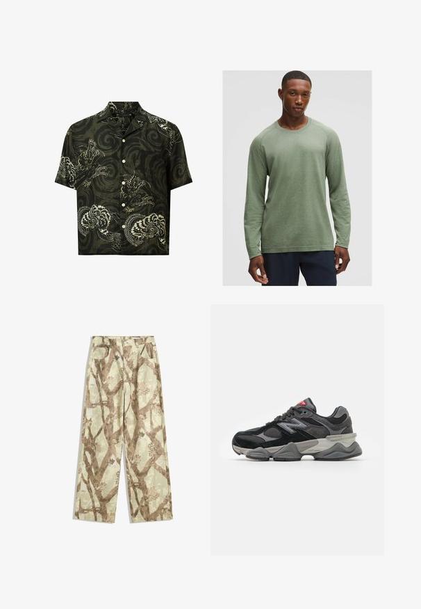 Kratka majica s kratkimi rokavi iz temno zelene bombažne tkanine z belimi vzorci zmaja in cvetlic, z zareznim ovratnikom in gumbom za zapiranje.; Dolga majica v umirjeni zeleni barvi z teksturiranim vzorcem, okroglim ovratnikom in raglan rokavi, izdelana iz mehkega, lahkega blaga.; Hlače iz lahkega blaga v svetlo zeleni barvi, z vzorcem rjavih drevesnih vej, širokega kroja in z dvema sprednjima žepoma.; Črne in sivo športne copate z mešanico semiša in mrežastih materialov, debele podplate, izrazit logotip in rdeč poudarek na ježku.