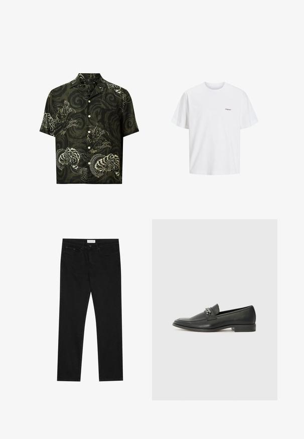 Kratka majica s kratkimi rokavi iz temno zelene bombažne tkanine z belimi vzorci zmaja in cvetlic, z zareznim ovratnikom in gumbom za zapiranje.; Bela bombažna majica s kratkimi rokavi, okroglim izrezom, z majhnim črnim tiskanim logotipom "Originals" na sprednji levi strani.; Črne ravne jeans hlače s petimi žepi, z gumbom in zadrgo za zapiranje ter oznako blagovne znamke Pier One na pasu.; Črni usnjeni loafer z gladko površino, ki ima šivano zasnovo in dekorativni kovinski verižni naglas preko vampirja. Ravno peto.