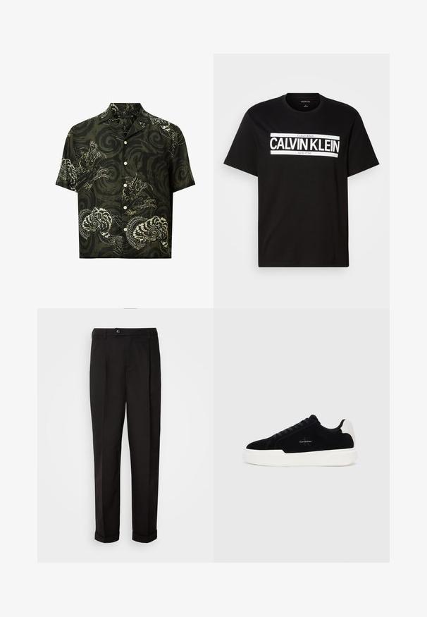 Rövid ujjú ing sötétzöld pamutból, fehér sárkány és virágminták díszítik, az ingnek nyakkivágása van és gombos előlapszárral záródik.; Fekete, rövid ujjú póló fehér "CALVIN KLEIN NEW YORK" logóval, középen a mellkason, kerek nyakkivágással és közepes méretű címkével a nyakban.; Fekete nadrág sima textúrával, egyenes szabással, két elülső zsebbel és egy gombbal zárható derékkal.; Fekete alacsony szárú sneaker fehér talppal és saroktabbal, fűzős elülső résszel és Calvin Klein logóval az oldalon.