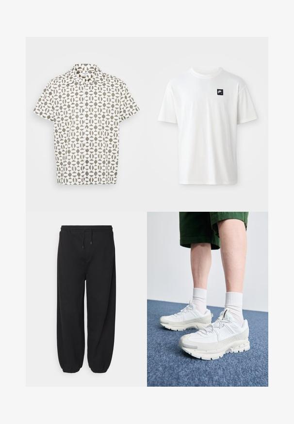 Kurzarm-Hemden aus weißem Stoff mit einem geometrischen braunen Muster. Verfügt über einen klassischen Kragen und eine subtile Textur.; Weißes Baumwoll-T-Shirt mit kurzen Ärmeln und Rundhalsausschnitt; zeigt ein kleines schwarzes rechteckiges Nike Air-Logo auf der linken Brust.; Schwarze Jogginghose aus weichem Material, mit einem elastischen Bund und verstellbarem Kordelzug sowie schmal zulaufenden Bündchen an den Knöcheln.; Weiße Sportschuhe mit strukturierten Überzügen, einer dicken Sohle und grauen Akzenten. Tragen mit weißen Crew-Socken und grünen Shorts auf einer blauen Oberfläche.