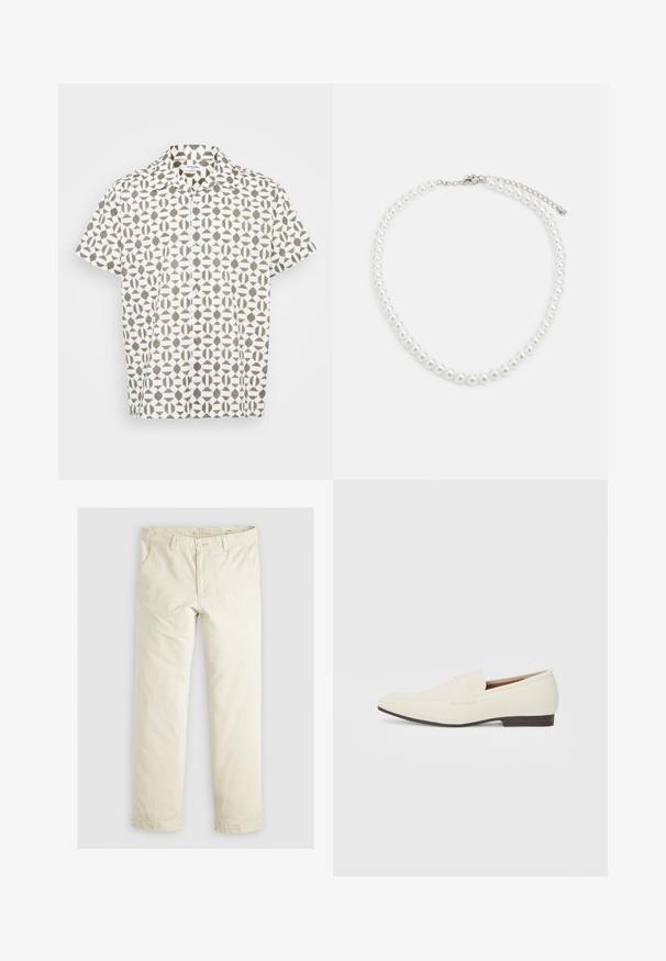 Kurzarm-Hemden aus weißem Stoff mit einem geometrischen braunen Muster. Verfügt über einen klassischen Kragen und eine subtile Textur.; Helle beigefarbene, lässig geschnittene Hose mit drei Taschen, Gürtelschlaufen und geradem Bein. Hergestellt aus einem weichen Baumwoll-Mix.; Hellbeige Slipper mit spitzem Zehenbereich, glattem Material, einem Riemen über dem Vorderfuß und einer niedrigen braunen Sohle. Einfaches Design mit minimalen Akzenten.; Weiße Perlenkette mit einheitlich runder Form, glatter Oberfläche und Metallverschluss mit Verlängerungskette für anpassbare Länge.