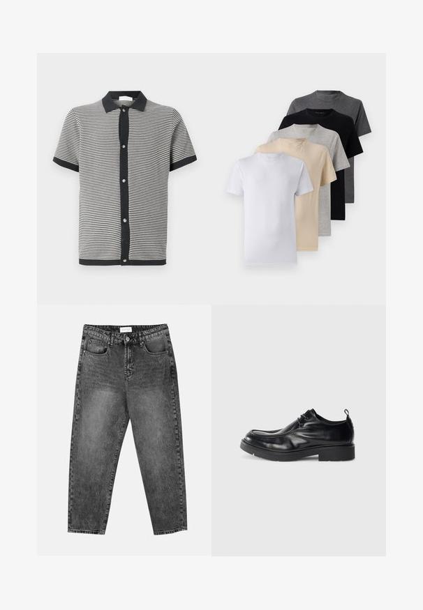 Kratkās piedurknes polo krekls melnbaltā svītrā, izgatavots no adīta auduma, ar melnu apkakli un priekšējo pogu aizdari ar sudraba krāsas detaļām.; Piecu īsām piedurknēm T-kreklu komplekts baltā, bēšā, gaiši pelēkā, tumši pelēkā un melnā krāsā. Izgatavoti no gludas kokvilnas, ar apaļu kakla izgriezumu.; Melnās mazgātās taisnās kājas džinsas ar priekšējiem un aizmugurējiem kabatām, josta cilpām un pogu aizdari jostasvietā.; Melna ādas kleitu kurpe ar noapaļotu purngalu, saistāmām auklām un dekoratīvu šuvju. Tam ir bieza, teksturēta gumijas zole un papēža cilpa.