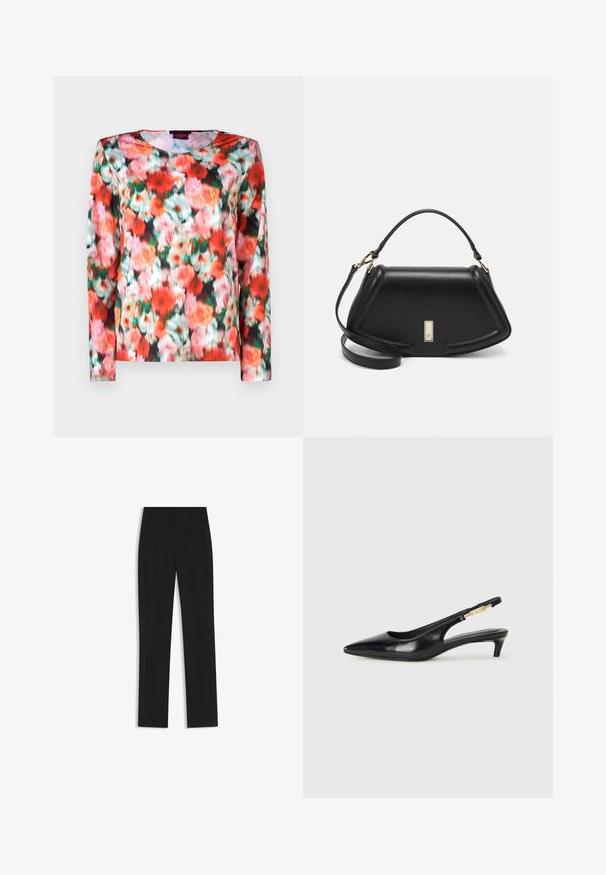 Langärmliges Oberteil mit einem lebhaften Blumenmuster in Rot-, Pink- und Grüntönen auf einem dunklen Hintergrund. Glattes Gewebe mit rundem Ausschnitt.; Schwarze maßgeschneiderte Hose mit geradem Bein, ausgestattet mit Fronttaschen und einem glatten, strukturierten Stoff. Saubere, minimale Details.; Schwarze Leder-Slingback-Pumps mit spitzem Schuhblatt, ausgestattet mit einem schlanken Absatz und einem goldfarbigen Akzent am verstellbaren Riemen. Glatte Textur.; Schwarze Lederhandtasche mit einem strukturierten Design, das eine verkürzte Form, einen oberen Griff und goldfarbene Hardware-Details aufweist. Verstellbarer Schulterriemen ist enthalten.