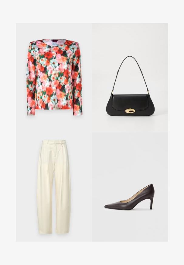 Langärmliges Oberteil mit einem lebhaften Blumenmuster in Rot-, Pink- und Grüntönen auf einem dunklen Hintergrund. Glattes Gewebe mit rundem Ausschnitt.; Plissierte, hoch taillierte Hose aus leichtem Creme-Stoff. Verfügt über einen geraden Schnitt und eine glatte Textur. Keine Taschen oder sichtbare Beschläge.; Schwarzer Leder-Pump mit hohen Absätzen und spitz zulaufender Vorderkappe, glatter Oberfläche und schmalem Stiletto-Absatz. Das Innere hat ein beiges Futter.; Schwarze Lederhandtasche mit geschwungenem Design, Beschlägen in Goldfarbe und einem oberen Griff. Verfügt über einen eleganten Verschluss und eine glatte Textur.