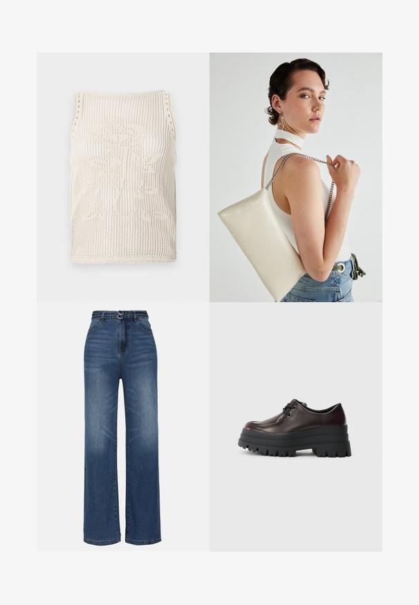 Top de malha em bege com design de trama aberta. Apresenta bordas em forma de ondas, um padrão floral tricotado no tecido e é sem mangas.; Jeans de ganga azul de perna larga com uma cintura alta, apresentando dois detalhes de fivela em metal, desbotamento subtil e design padrão de cinco bolsos.; Sapatos de couro pretos com bico arredondado, design de atacadores e sola de borracha preta espessa com ranhuras profundas para aderência.; Bolsa de mão retangular branca, feita de material brilhante, com uma alça em corrente prateada. Modelo posa, exibindo a bolsa contra um fundo simples.