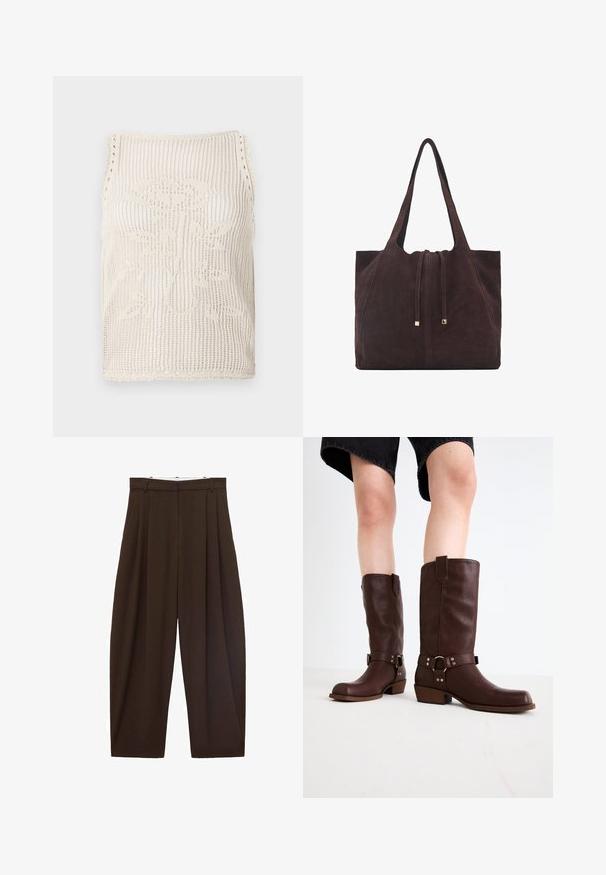 Gebreide tanktop in beige met een open geweven ontwerp. Heeft gegolfde randen, een bloemmotief dat in de stof is gebreid, en een mouwloos ontwerp.; Bruine high-waisted broek met plooien, gemaakt van soepel materiaal. Loose fit, rechte pijpen, met riemlussen en een ritsluiting.; Bruine leren kniehoge laarzen met een ronde neus, gestructureerd oppervlak, enkelriem en zilveren hardware-detail; opgestapelde hak.; Mango Shopper - dark brown