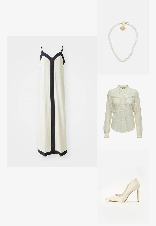 Dlhá čipková blúzka v ofsajdovej farbe s jemnými vzormi, dlhé rukávy, zapínanie na gombíky a mandarinový golier. Jemné lemovanie na manžetách.; Bezrukávové maxi šaty v krémovej farbe s hlbokým V-výstrihom a čiernym lemovaním pozdĺž okrajov a prednej časti. Vyrobené z ľahkej tkaniny.; Biele vysoké topánky s úzkou špičkou, hladkým koženým povrchom a štíhlým stiletto podpätkom. Minimalistický dizajn s jemnými akcentmi.; Biely kožený kabelka so zlatým kovovým spracovaním, predným klapkou a čiernymi okrajmi, s reťazovou š strapcom nosenou cez telo na svetlomodrej košeli.; Lauren Ralph Lauren COLLAR - Náhrdelník - gold-coloured/white