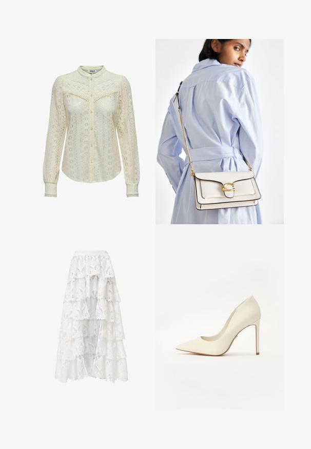 Lace blouse in off-white with intricate patterns, long sleeves, a button-up front, and a mandarin collar. Delicate trim at the cuffs.; White lace skirt featuring a tiered design with scalloped edges. The material has a floral pattern and texture, creating a layered appearance.; White high-heeled pump with a pointed toe, smooth leather texture, and a slender stiletto heel. Minimalist design with subtle accents.; White leather handbag with gold hardware, a front flap, and black edging, featuring a chain strap worn crossbody against a light blue shirt.; Lauren Ralph Lauren COLLAR - Necklace - gold-coloured/white