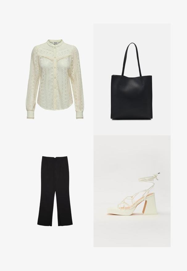 Spitzenbluse in Off-White mit aufwendigen Mustern, langen Ärmeln, einer Knopfleiste und einem Stehkragen. Zarte Verzierung an den Manschetten.; Schwarze Hose mit geradem Schnitt, ausgestattet mit Fronttaschen und Seitenschlitzen am Saum. Hergestellt aus weichem, glattem Stoff. Geeignet für verschiedene Anlässe.; Weiße High-Heel-Sandale mit einem klobigen Absatz, die über ein Riemchendesign und ein Knöchelband verfügt. Glatte Textur mit einer Plattform vorne für zusätzliche Höhe.; Schwarze Laptoptasche aus Leder mit glatter Textur, rechteckiger Form und zwei langen Griffen. Keine sichtbaren Beschläge oder Verzierungen.