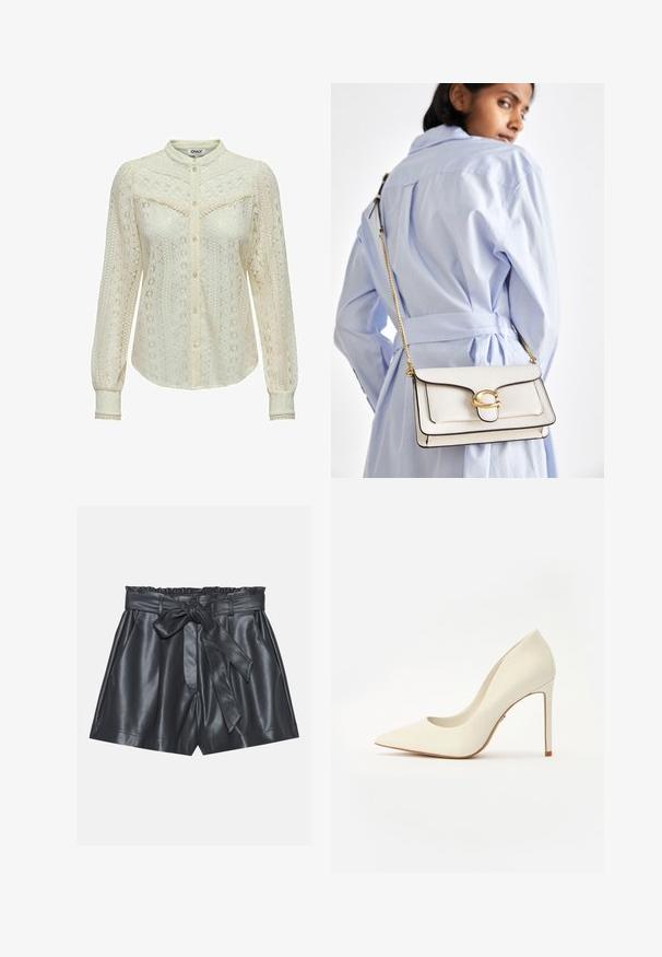 Blouse en dentelle blanc cassé avec des motifs complexes, manches longues, fermeture à boutons sur le devant et col mandarin. Finitions délicates aux poignets.; Shorts en cuir noir avec taille haute, bande élastique, ceinture amovible et texture lisse. Présente un devant plat et des poches latérales.; Escarpin blanc à talon haut avec un bout pointu, une texture en cuir lisse et un talon aiguille fin. Design minimaliste avec des accents subtils.; Sac en cuir blanc avec quincaillerie dorée, un rabat à l'avant et des bords noirs, doté d'une chaîne portée en bandoulière contre une chemise bleu clair.