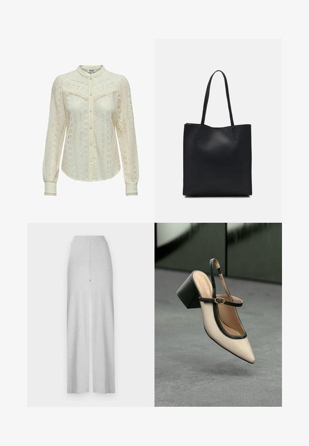 Lace blouse in off-white with intricate patterns, long sleeves, a button-up front, and a mandarin collar. Delicate trim at the cuffs.; Light gray ribbed wide-leg pants with a high waistband and a front split. Made of soft fabric with a smooth texture.; Beige pointed-toe slingback shoe with black trim, gold buckle, and a chunky block heel on gray floor with dark green background.; Black leather tote bag with smooth texture, rectangular shape, and two long handles. No visible hardware or embellishments.