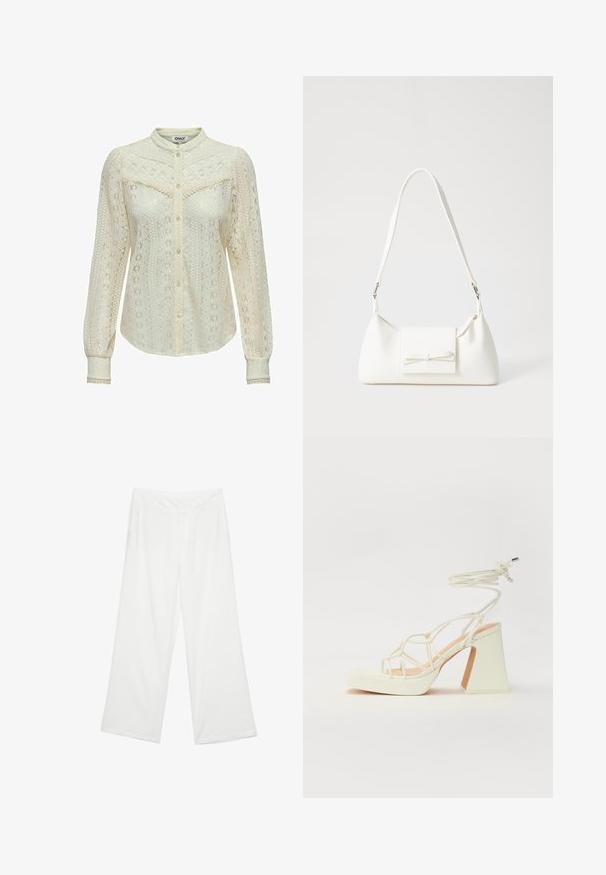 Čipkasta bluzica v oker-bež barvi z zapletenimi motivi, dolgimi rokavi, sprednjim zapenjanjem na gumbe in mandarin ovratnikom. Nežna obrobka na manšetah.; Široke hlače iz belega blaga, ki se ponašajo z gladko teksturo, sprednjimi žepi in klasičnim pasom z zankami za pas.; Bela sandala na visokih petah s debelim petam, ki ima obliko trakcev in vezanje okoli gležnja. Gladka tekstura z platformo spredaj za dodatno višino.; Bela sintetična torbica v obliki trikotnika, z ravnim sprednjim poklopcem in detajlom mašne, nastavljivim trakom, gladko teksturo in minimalističnim dizajnom.