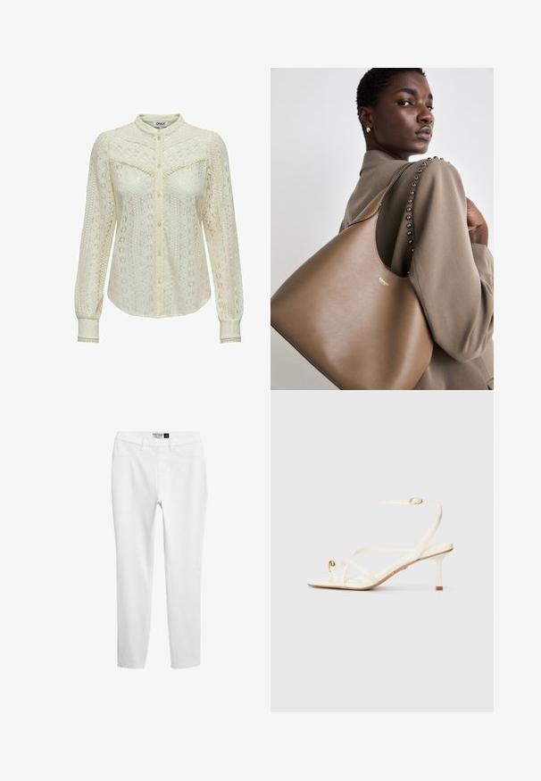 Bluză din dantelă în alb murdar cu modele intricate, mâneci lungi, deschidere cu nasturi și guler chinezesc. Detalii delicate la manșete.; Leggings albe din jerseu cu o textură netedă, croială slim și un design tradițional cu cinci buzunare, realizate dintr-un material ușor și cu detalii de cusătură subtile.; Sandale cu toc subțire, albe, cu vârf ascuțit, curea delicată la glezne și detaliu din hardware auriu. Textură netedă și design minimalist.; Geantă de mână din piele maro cu o textură netedă, având o siluetă curbată și un logo metalic. Curea are studuri decorative pe o cusătură.