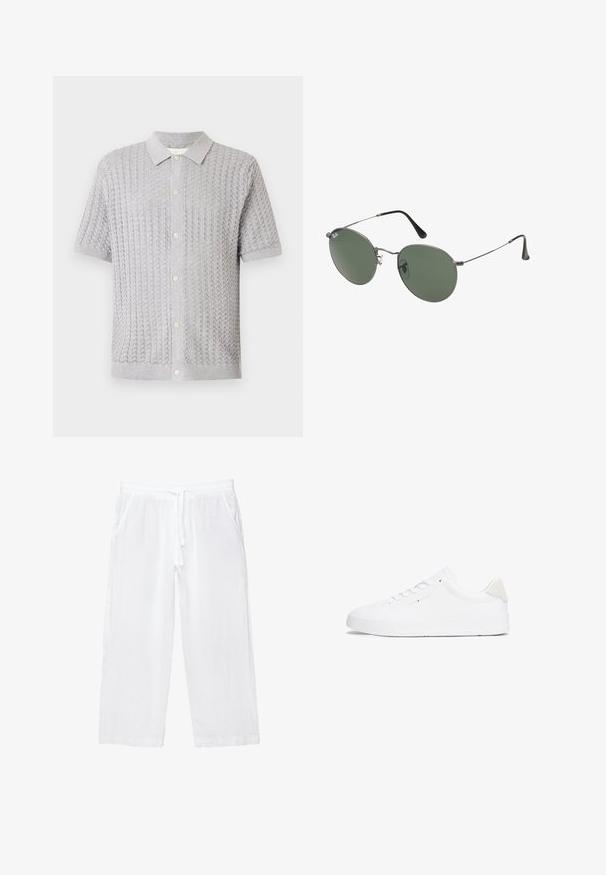 Polo shirt grigio a maniche corte con un motivo a texture, cinque bottoni sul davanti e un colletto morbido.; T-shirt bianco in cotone con maniche corte, scollo rotondo e vestibilità rilassata. Texture liscia senza pattern o dettagli visibili.; Pantaloni cropped bianchi in lino con vita elasticizzata, coulisse e due tasche laterali. Texture morbida e design leggero per il massimo comfort.; Sneaker bianco con tomaia in pelle liscia, punta rotonda, suola piatta e design minimalista. Presenta un branding sottile e un accento beige sul tallone.; Occhiali da sole con montatura in metallo e lenti verdi ovali. Montatura sottile in metallo argento e terminali neri. Design minimalista, senza loghi visibili.