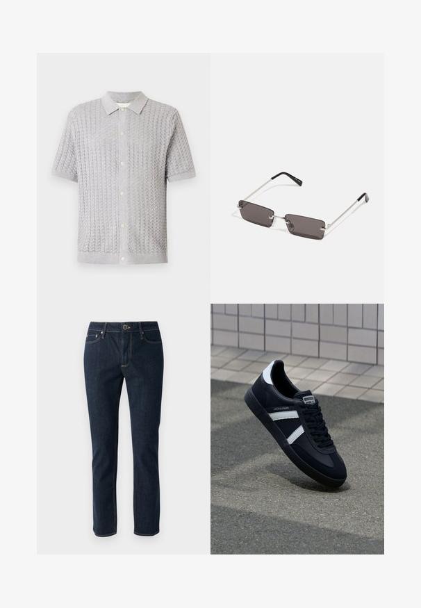 Szary, dziany polo z krótkim rękawem, o teksturowanym wzorze, z pięcioma guzikami z przodu i miękkim kołnierzykiem.; Granatowe dżinsy z prostymi nogawkami, z zapięciem na guzik, pięcioma kieszeniami i kontrastowymi szwami. Gładka faktura.; Czarne skórzane sneakersy z białymi paskami, teksturowana gumowa podeszwa i sznurowane z przodu. Posiadają metkę marki na języku.; Okulary przeciwsłoneczne z prostokątnymi, ciemnoszarymi soczewkami, srebrnymi metalowymi ramkami i czarnymi plastikowymi zakończeniami na zausznikach. Lekka konstrukcja z poduszkami nosowymi.