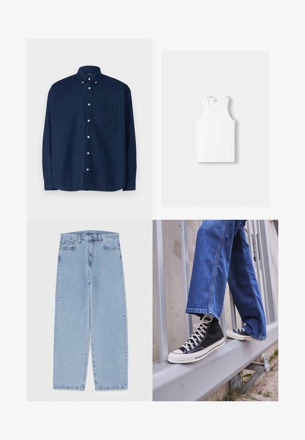 Sötétkék gombos ing, amely pamutból készült. Jellemzői a hegyes gallér, hosszú ujjak, egy mellzseb és fehér gombok. Strukturált anyag.; Fehér pamut ujjatlan felső kerek nyakkivágással, széles vállpántokkal és egyenes szegéllyel, sima textúrával, látható minták nélkül.; Világoskék farmernadrág egyenes szárú kivitelben, közepes derékkal, öt zsebbel, gombos és cipzáros záródással.; Fekete magasszárú sportcipők fehér talppal és fűzővel, laza kék farmernadrággal párosítva, egy szürke korlát tetején pihenve.