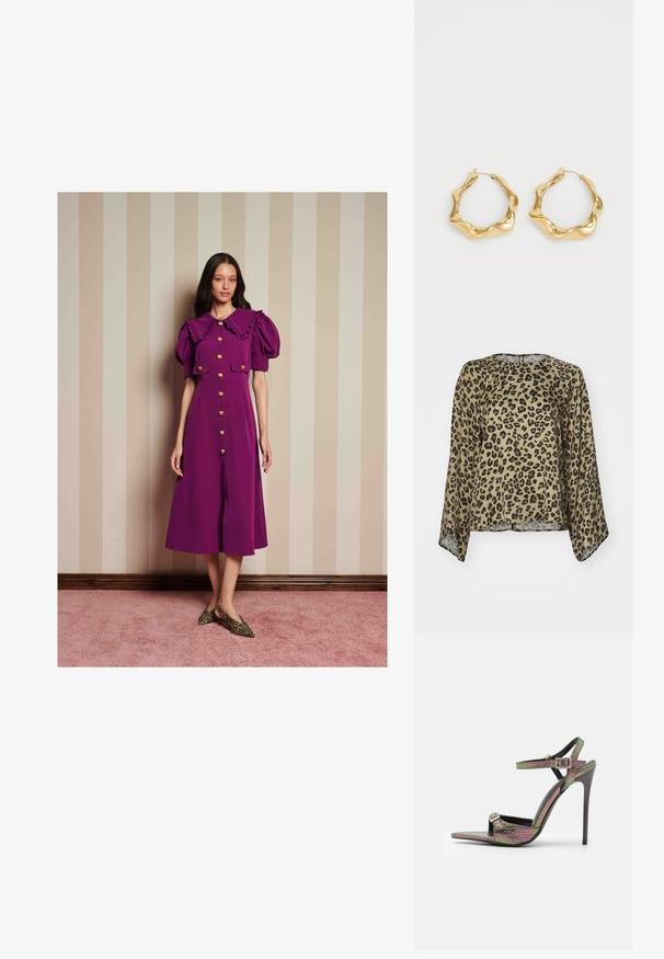 Løveprikket bluse med rund halsutringning, lange ermer og løs passform. Laget av et mykt, lett stoff i beige og svarte toner.; Kvinne står mot en stripete beige vegg iført en lilla kjole med puffermer, volangkrage, gullknapper og leopardmønstrede sko.; Høyhælte sandaler med et flerfarget, teksturert slangeprint. Har justerbare ankelremmer og en spiss tådesign.; Gull clutch-veske med en jevn metallisk finish, rektangulær form og en enkel lås. Ingen synlige mønstre eller dekorasjoner.; Gullde hoop øredobber med en bølgete, teksturert design. Har en tynn trådåpning og en polert, reflekterende overflate.