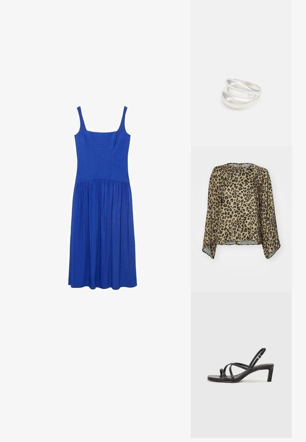 Bluzica s leopard uzorkom s okruglim izrezom, dugim rukavima i slobodnim krojem. Izrađena od glatkog, laganog materijala u bež i crnim tonovima.; Plava midi haljina bez rukava s uskim bodicem i naboranom suknjom. Izrađena od lagane, glatke tkanine. Kvadratni dekolte.; Crne sandale s trakama, kvadratnim prstom i niskom blok petom. Ima više tankih trakica i podesivu trakicu oko gležnja. Izrađene su od glatke kože.; Crna kožna torba preko tijela s glatkom teksturom, pravokutnim oblikom i metalnim lancem na prednjoj strani. Uključena je podesiva naramenica.; Srebrna dvostruka prsten s glatkom, poliranom površinom. Karakterizira ga fluidan, zakrivljen dizajn s preklapajućim sekcijama za moderan izgled.; Srebrna dvostruka prsten s glatkom, poliranom površinom. Karakterizira ga fluidan, zakrivljen dizajn s preklapajućim sekcijama za moderan izgled.