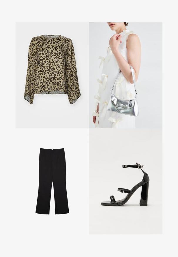 Bluse mit Leopardenmuster, runden Ausschnitt, langen Ärmeln und lockerer Passform. Hergestellt aus einem glatten, leichten Stoff in Beige- und Schwarztönen.; Schwarze Hose mit geradem Schnitt, ausgestattet mit Fronttaschen und Seitenschlitzen am Saum. Hergestellt aus weichem, glattem Stoff. Geeignet für verschiedene Anlässe.; Schwarze patentierte Sandalen mit Absatz, quadratischer Spitze, Knöchelriemen und silbernen Schnallen. Mit einem stabilen Blockabsatz für mehr Stabilität.; Silberne metallische Handtasche mit strukturierter Form, ausgestattet mit einem oberen Griff und einer Schleifenapplikation auf der Vorderseite. Glatte Textur, reflektierendes Finish.